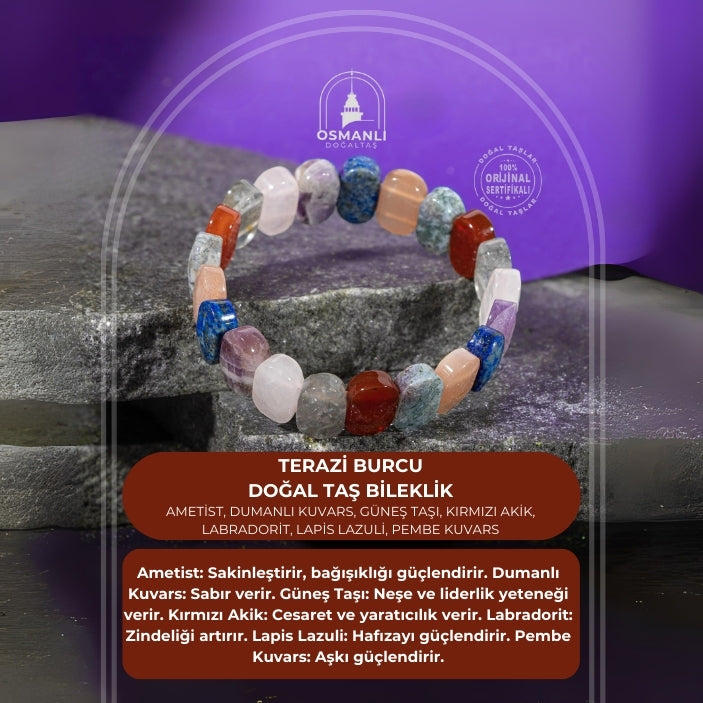 Terazi Burcu Bileklik Ametist, Dumanlı Kuvars, Güneş Taşı, Kırmızı Akik, Labradorit, Lapis Lazuli, Pembe Kuvars