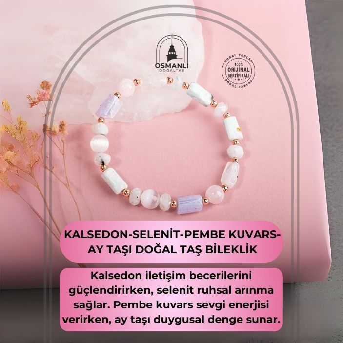 Kalsedon-Selenit-Pembe Kuvars-Ay Taşı Doğal Taş Bileklik