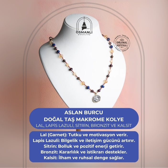 Sertifikalı Aslan Burcu Doğal Taş Makrome Kolye
