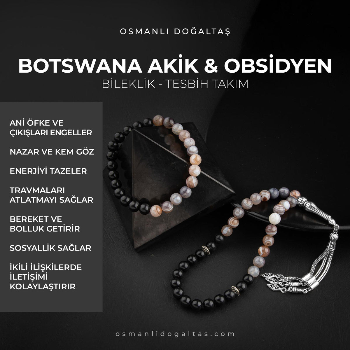 Botswana Akiği-Obsidyen Doğal Taş Tesbih Bileklik Seti