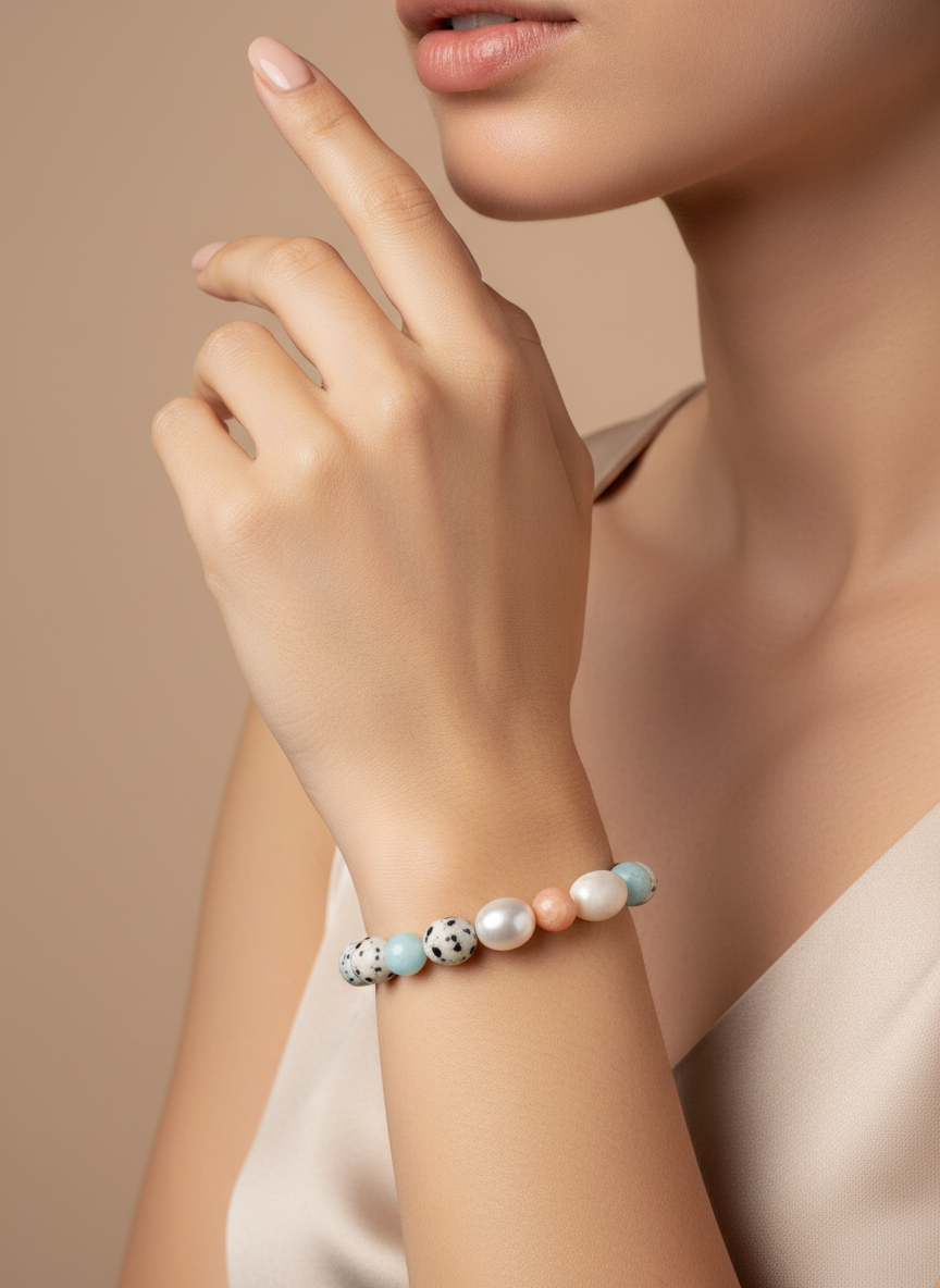 Sertifikalı Akuamarin, Doğal Taş Bileklik Güneş Taşı Ay Taşı Pembe Kuvars Aquamarine - model çekimi 1