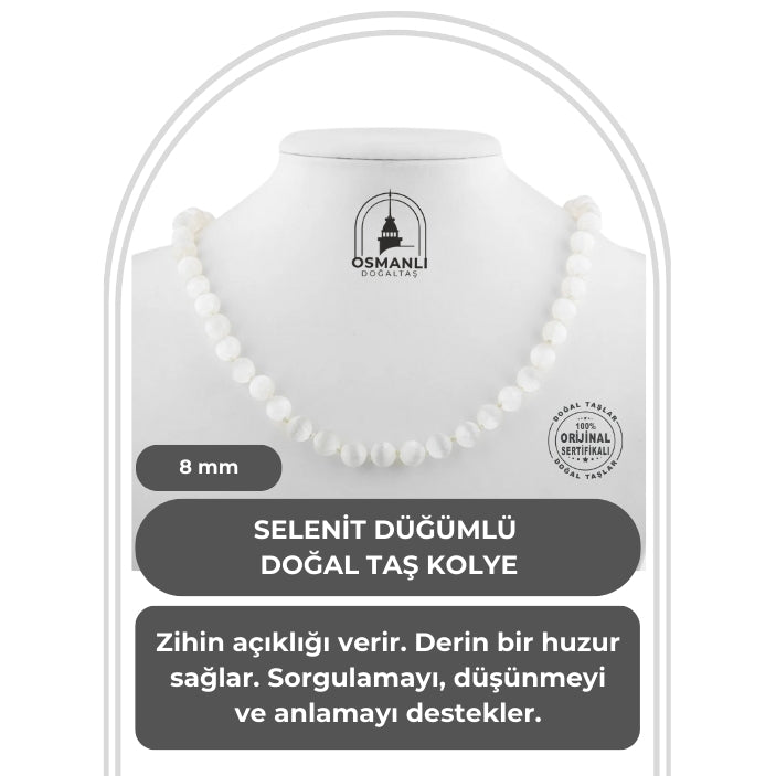 Selenit 8 mm Düğümlü Doğal Taş Kolye