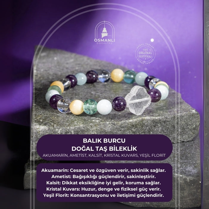 Balık Burcu Bileklik Akuamarin, Ametist, Kalsit, Kristal Kuvars, Yeşil Florit