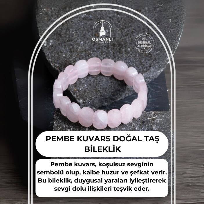 Sertifikalı Pembe Kuvars Geniş Kesim Doğal Taş Bileklik