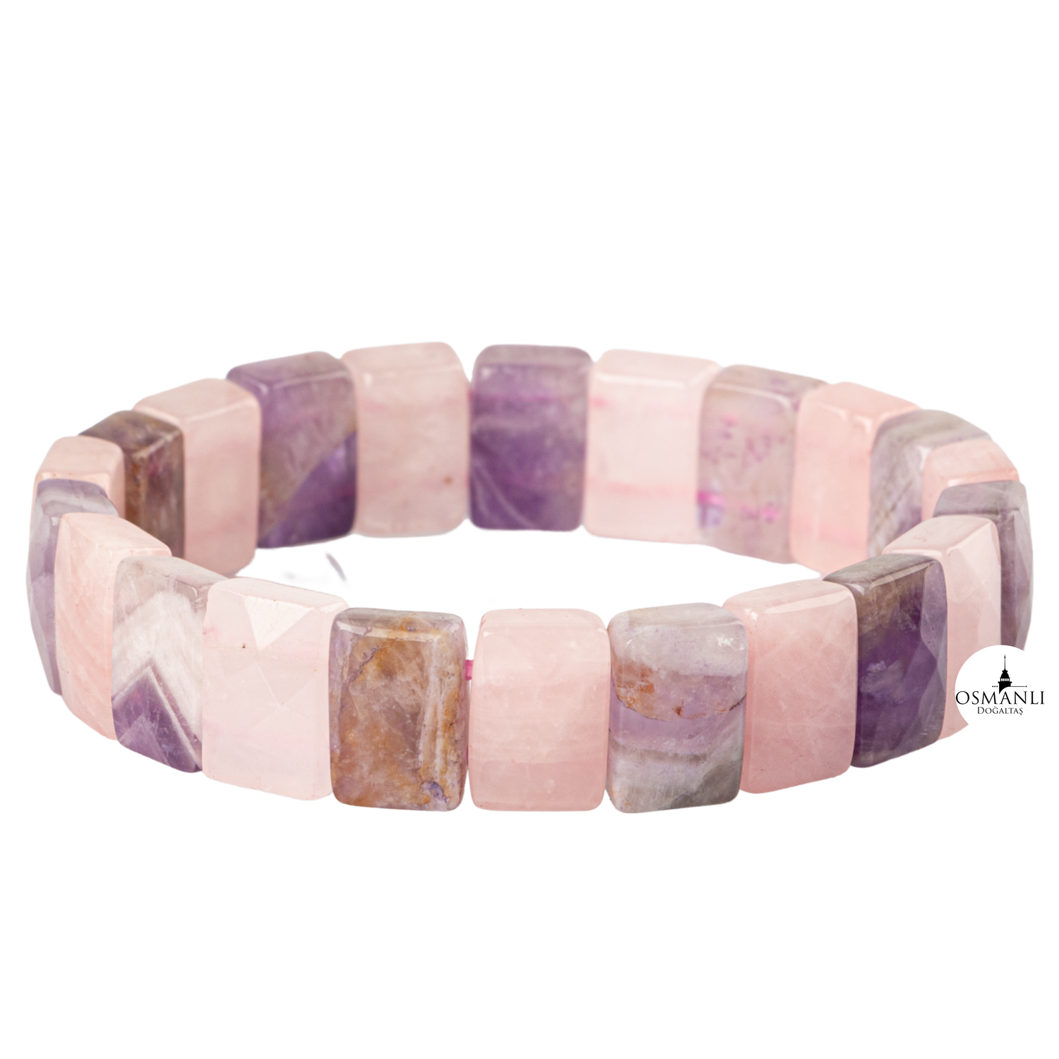 Ametist-Pembe Kuvars Doğal Taş Kare Kesim Geniş Kesim Bileklik