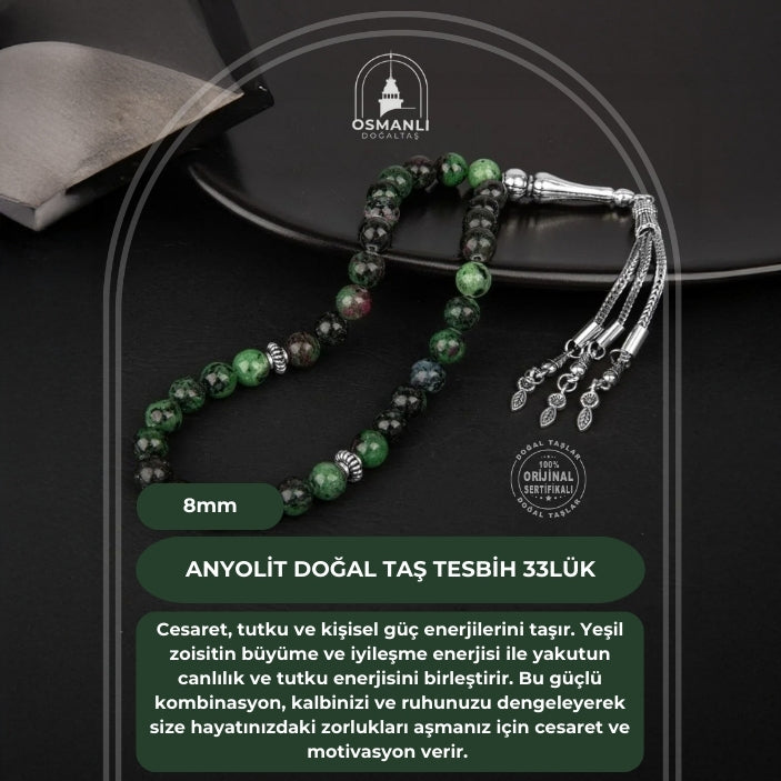 Anyolit Doğal Taş Tesbih 33lük - 8mm