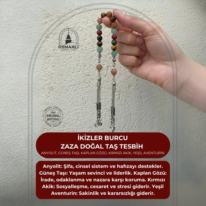 İkizler Burcu Zaza Tesbih Anyolit, Güneş Taşı, Kaplan Gözü, Kırmızı Akik, Yeşil Aventurin