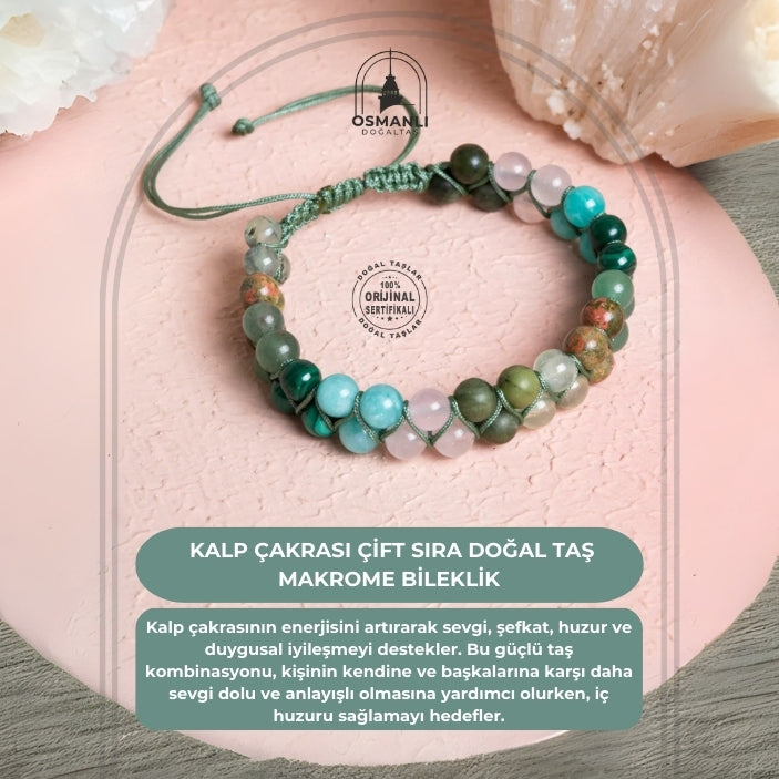 Sertifikalı Kalp Çakrası Çift Sıra Doğal Taş Makrome Bileklik