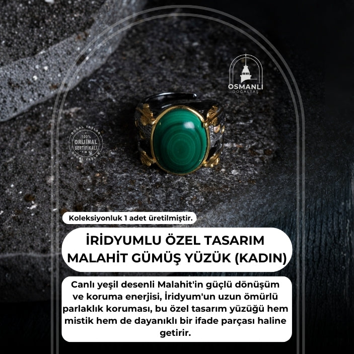 Sertifikalı Özel Tasarım İridyumlu Gümüş Malahit Yüzük (Kadın)