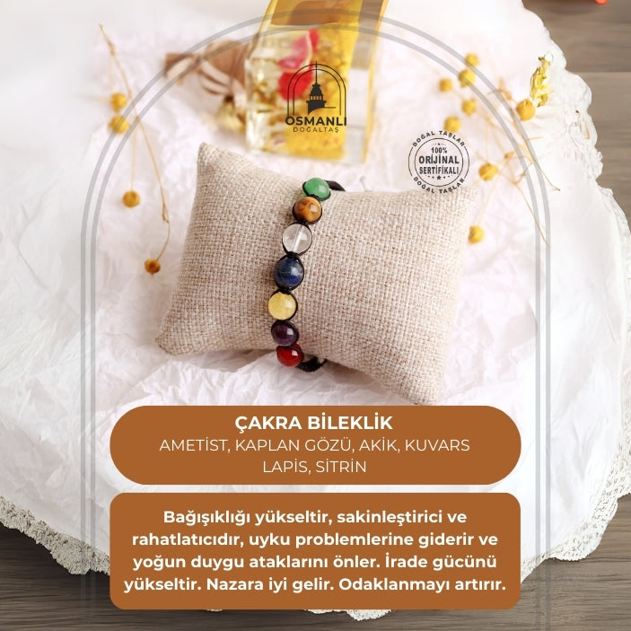 Çakra Bileklik Ametist, Kaplan Gözü, Akik, Kuvars, Lapis, Sitrin