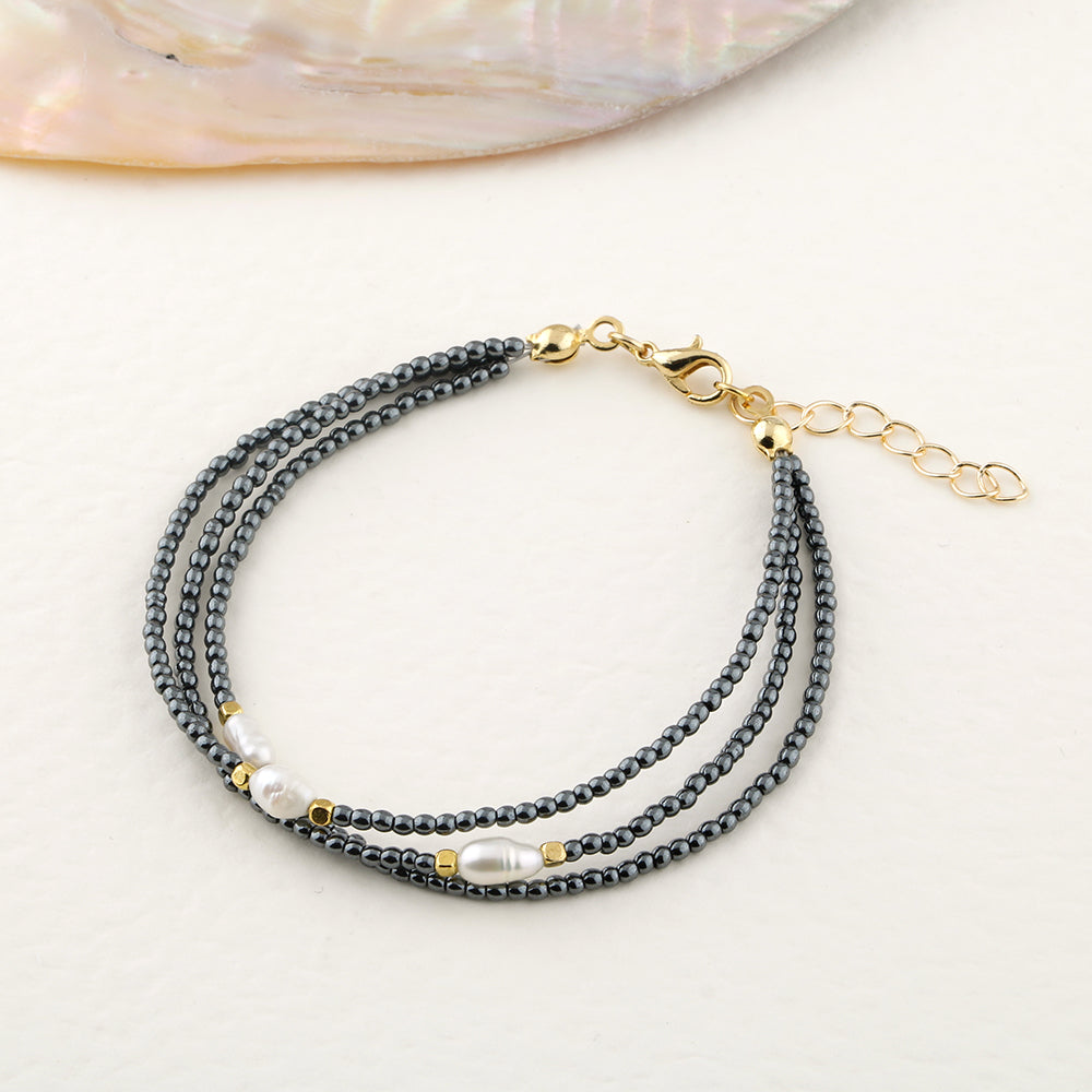 İnci-Hematit Doğal Taş Altın Kaplama Kapama Bileklik