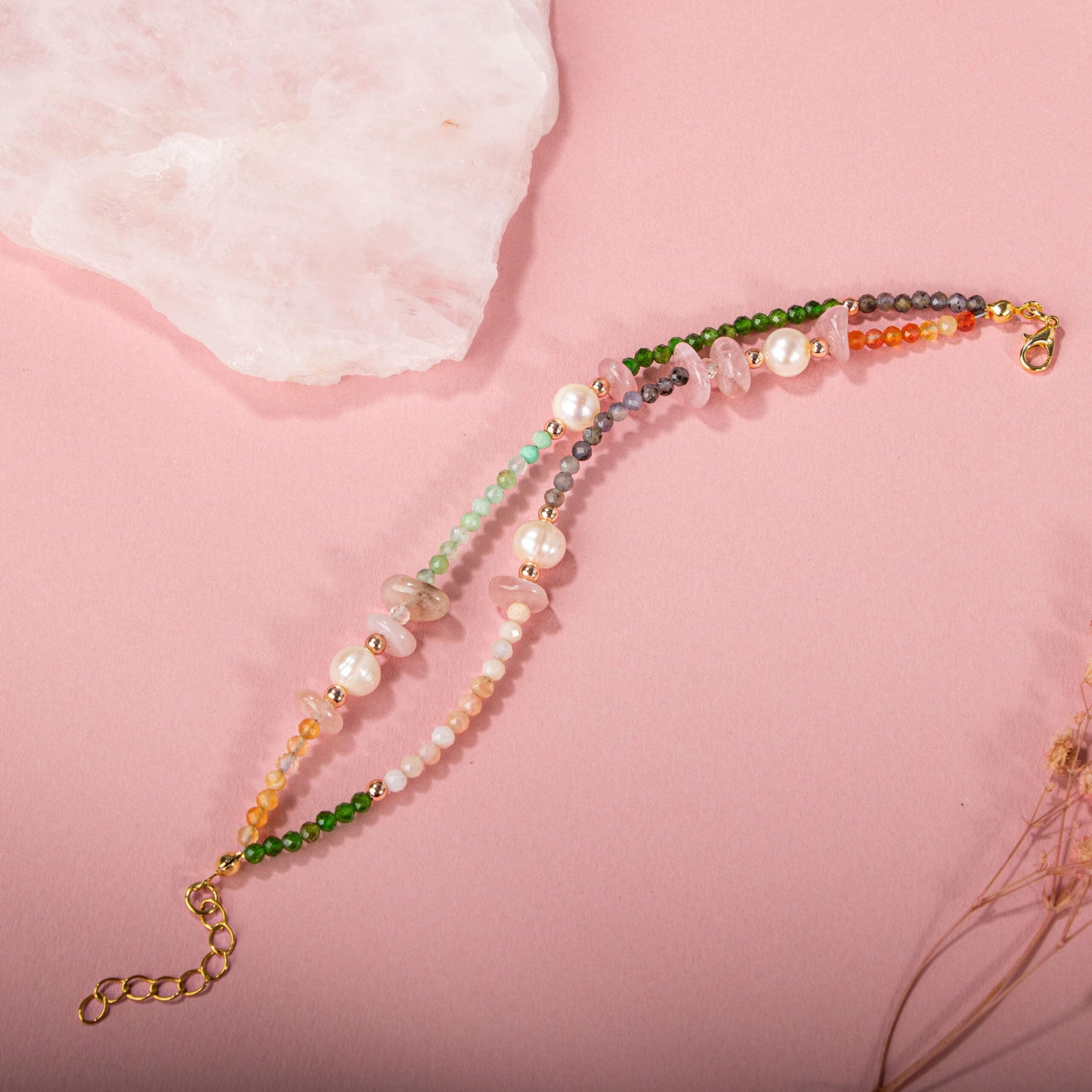 Karnelyan Akik-İyolit-Pembe Opal-İnci-Pembe Kuvars-Hematit-Diopsit-Prehnit Doğal Taş Bileklik