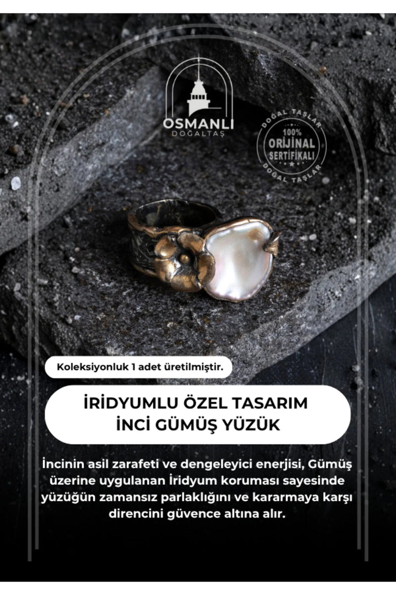 Sertifikalı İridyumlu Gümüş İnci Özel Tasarım Yüzük (Kadın)