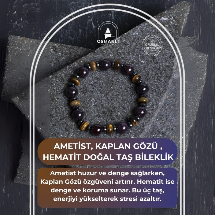Sertifikalı Ametist, Kaplan Gözü , Hematit Doğal Taş Bileklik