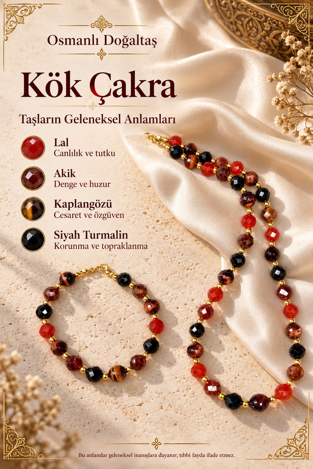 Kök Çakra Doğal Taş Kolye & Bileklik Seti Lal- Akik - Kaplan Gözü - Siyah Turmalin