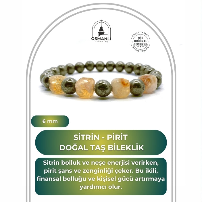 Sertifikalı Orijinal Hakiki 6mm Sitrin - Pirit Doğal Taş Misinalı Bileklik