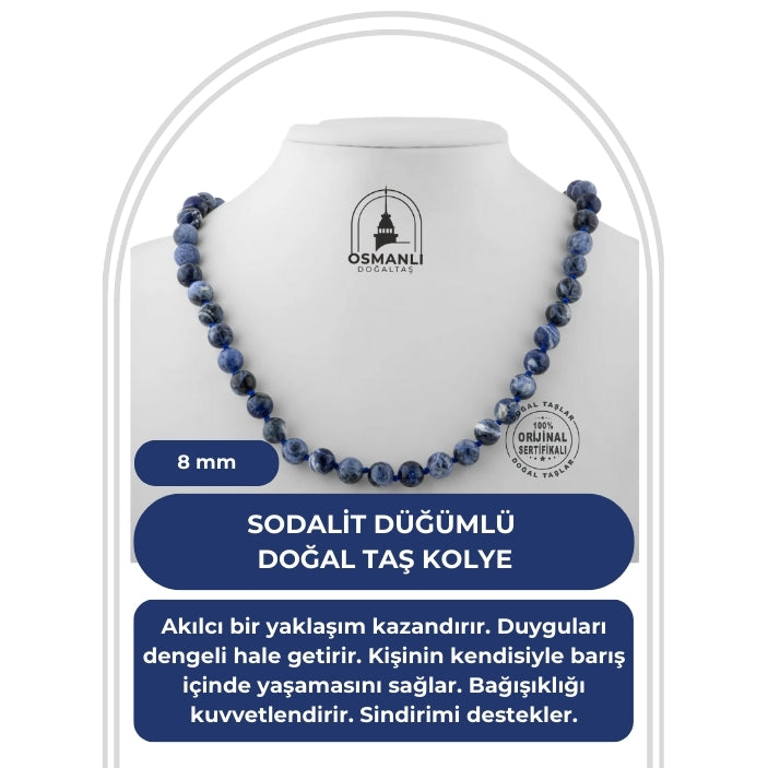 Sodalit 8 mm Düğümlü Doğal Taş Kolye