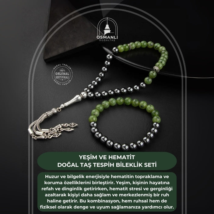 Yeşim-Hematit Doğal Taş Tesbih Bileklik Seti