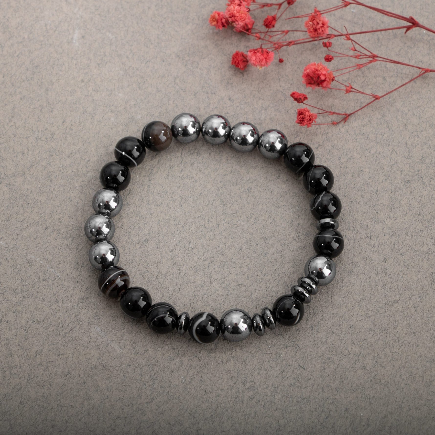 Siyah Göz Akik-Pembe Kuvars Doğal Taş Çift Bileklik Seti