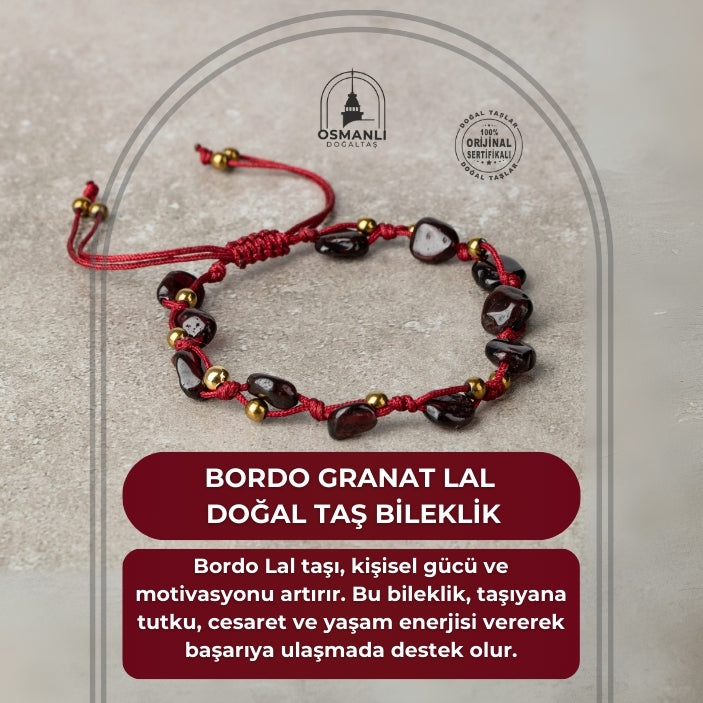 Bordo Granat Lal Natürel Kesim Doğal Taş Makrome Bileklik