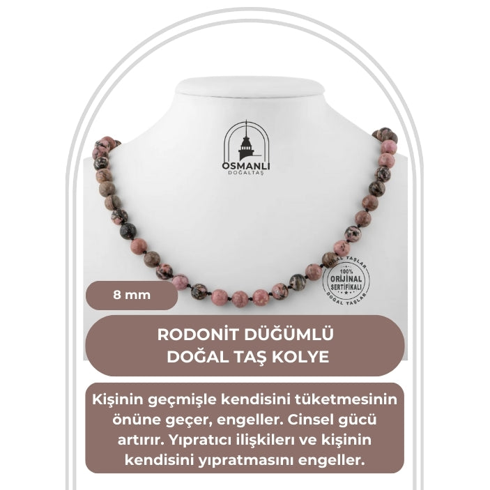 Rodonit 8 mm Düğümlü Doğal Taş Kolye