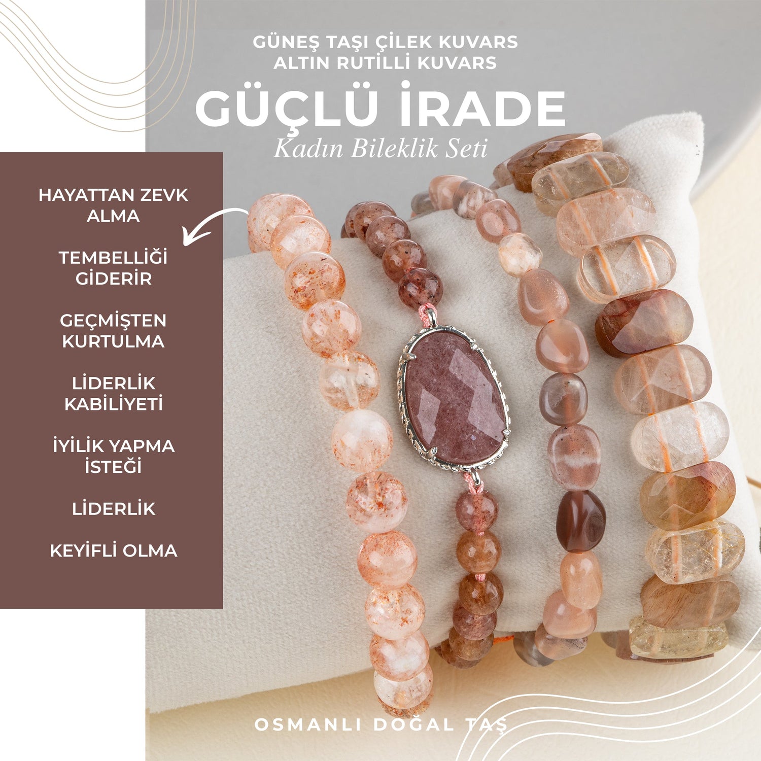 Güneş Taşı-Çilek Kuvars-Altın Rutilli Kuvars Doğal Taş Kadın Bileklik Seti