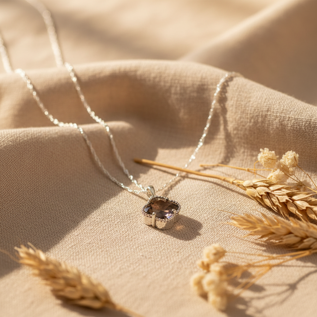 Dumanlı Kuvars Doğal Taş Gümüş Zincir Yonca Kolye