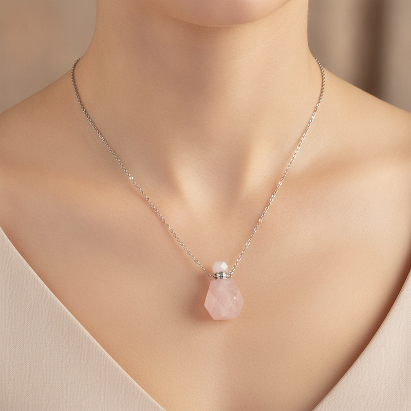 Sertifikalı Pembe Kuvars Doğal Taş Esans Şişesi Kolye