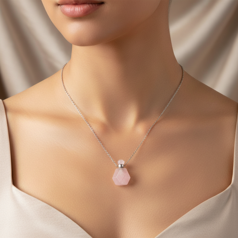 Sertifikalı Pembe Kuvars Doğal Taş Esans Şişesi Kolye