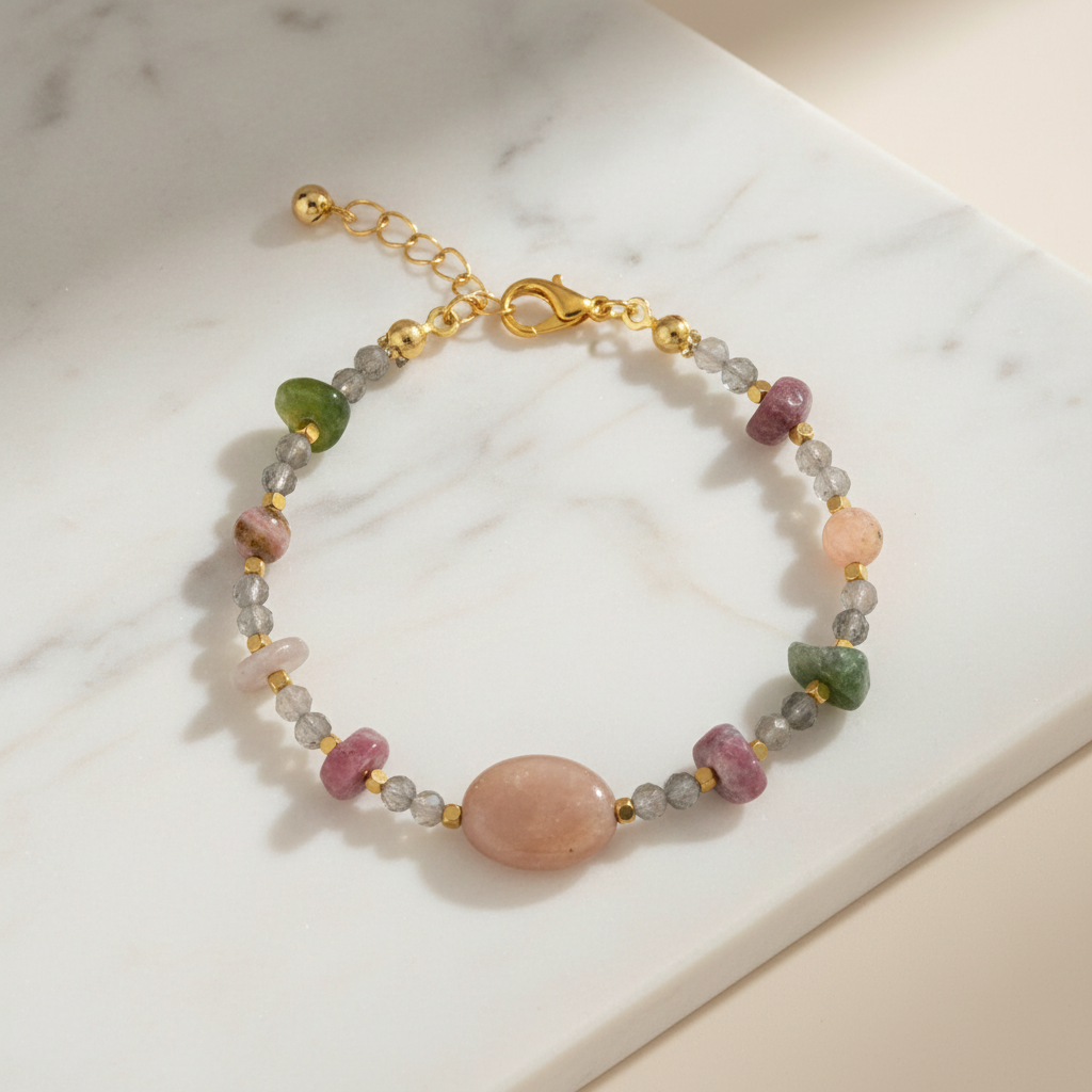 Labradorit-Renkli Turmalin-Güneş Taşı-Pembe Opal Doğal Taş Kolye