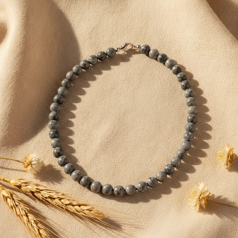 Gri Jasper 8 mm Düğümlü Doğal Taş Kolye