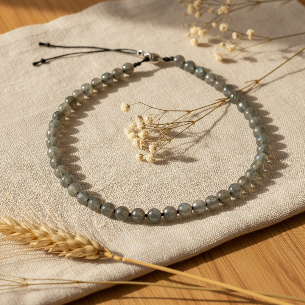 Labradorit 8 mm Düğümlü Doğal Taş Kolye