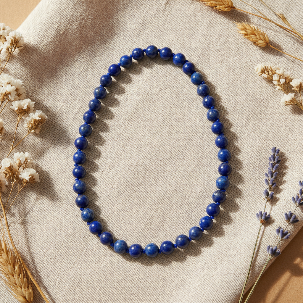 Lapis Lazuli 8 mm Düğümlü Doğal Taş Kolye