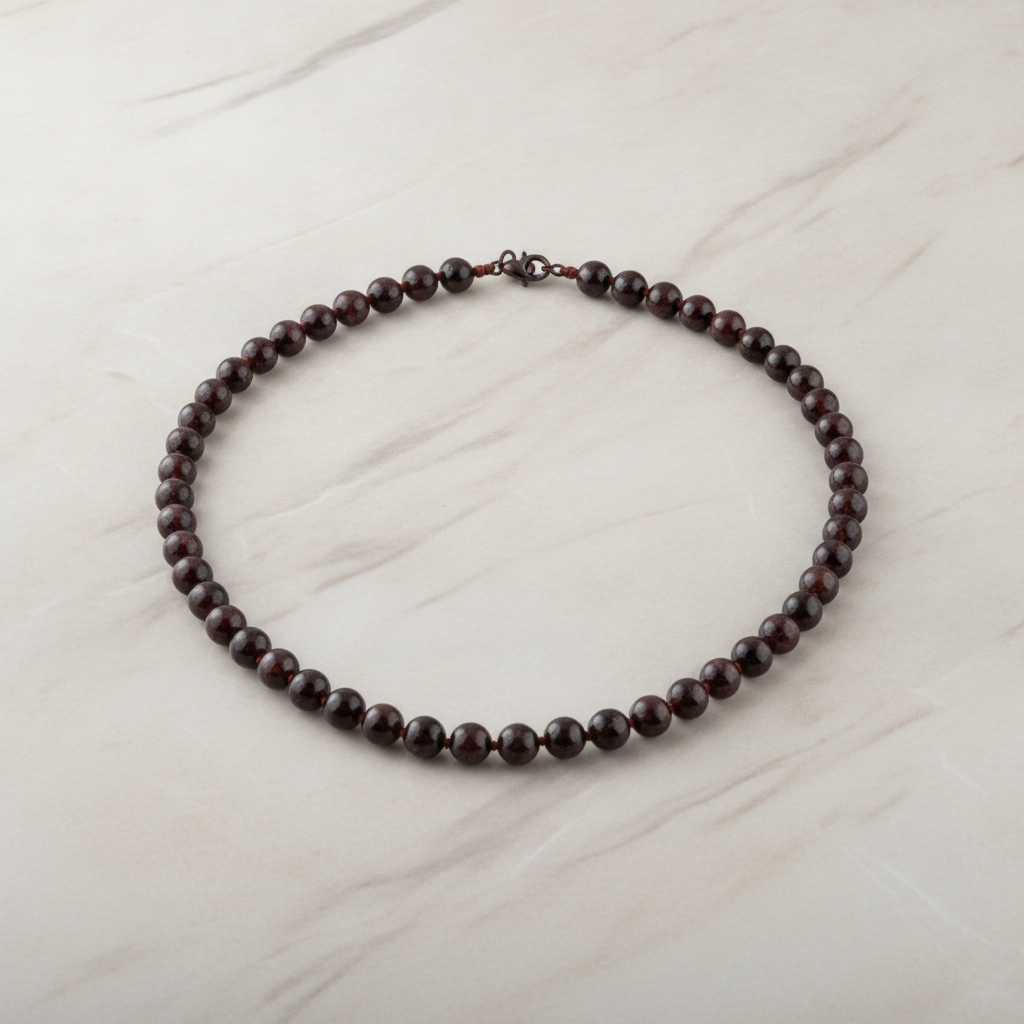 Bordo Granat Lal 8 mm Düğümlü Doğal Taş Kolye