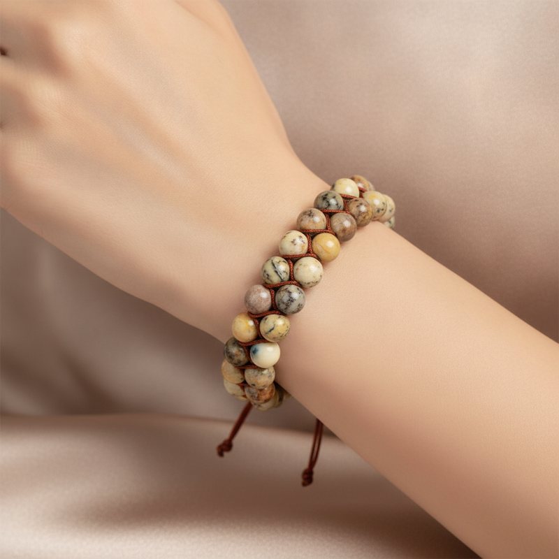 Opal Sarı 8mm Çift Sıra Makrome Doğal Taş Bileklik