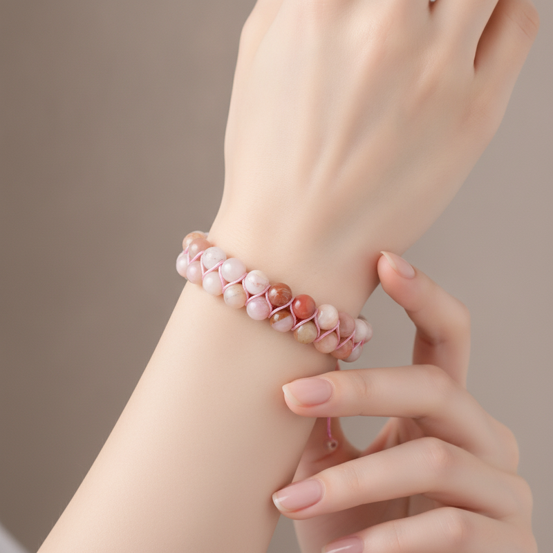 Opal Pembe 8mm Çift Sıra Makrome Doğal Taş Bileklik