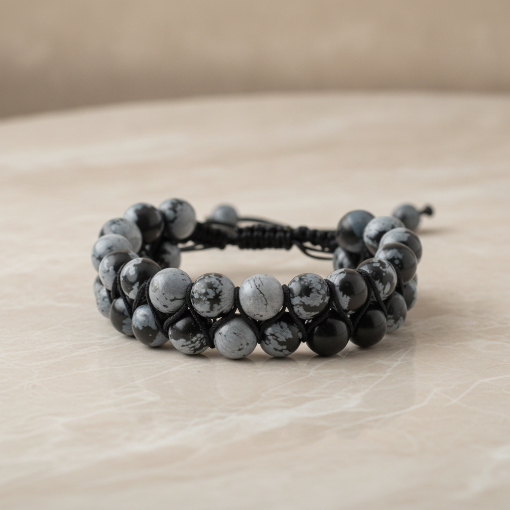 Karlı Obsidyen 8mm Çift Sıra Makrome Doğal Taş Bileklik