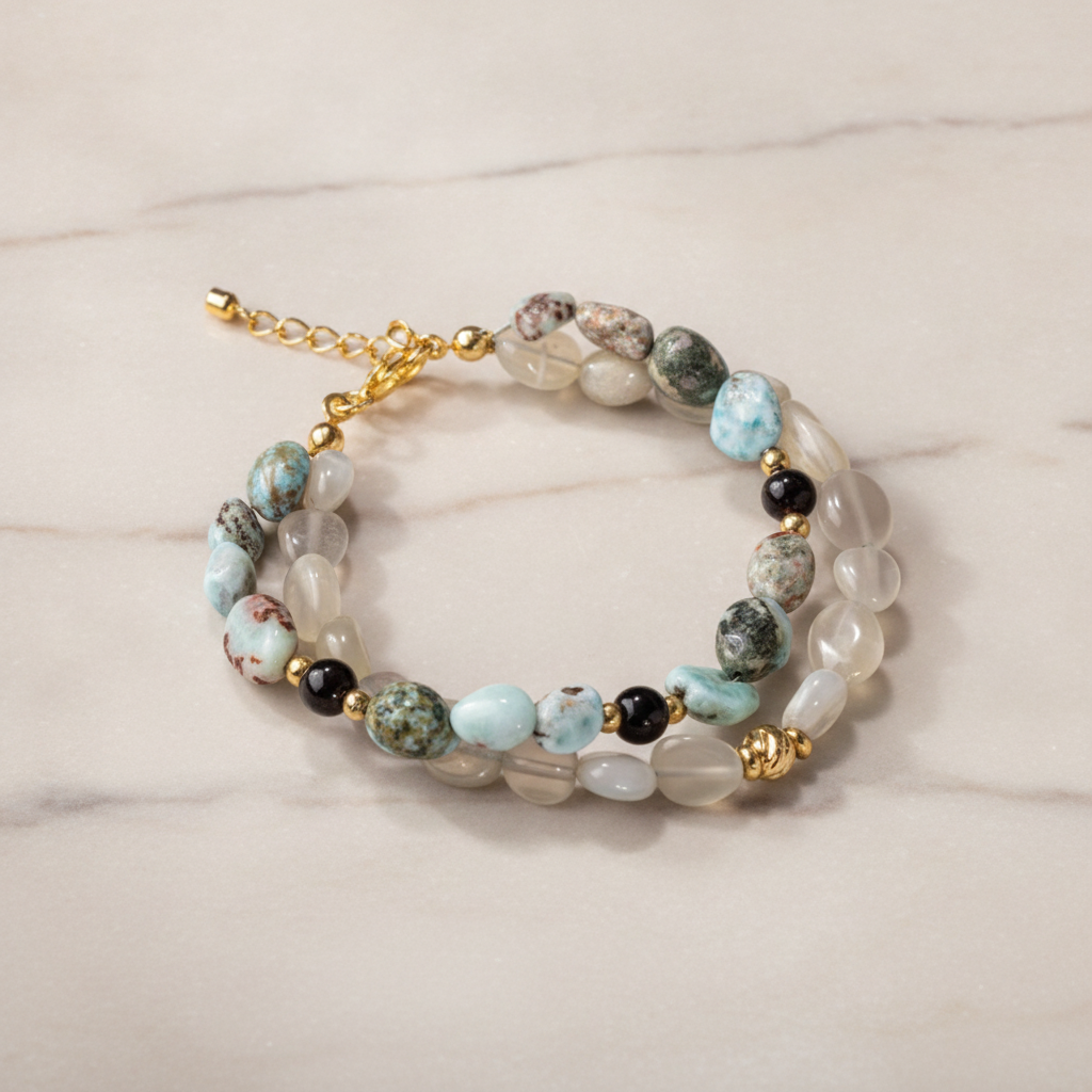 Larimar-Lal-Hematit-Ay Taşı Altın Kaplama Doğal Taş Bileklik