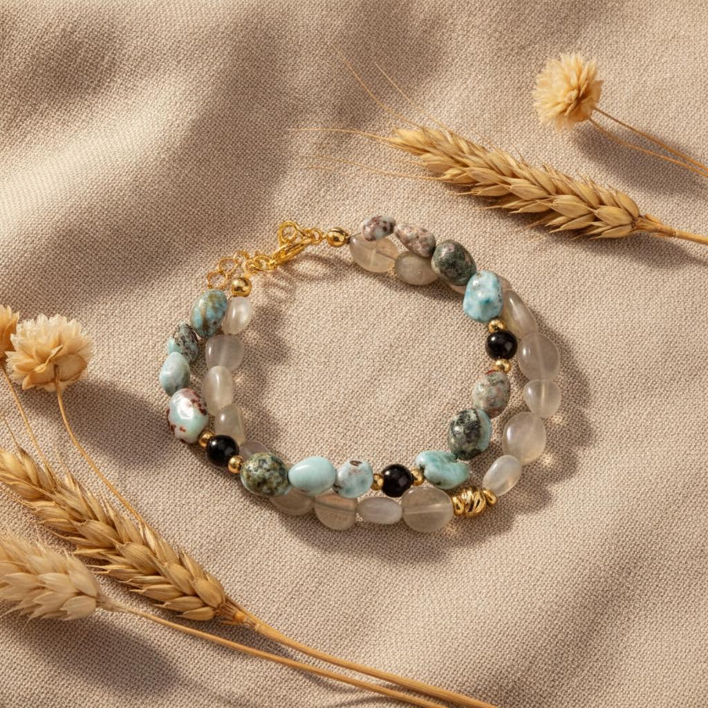 Larimar-Lal-Hematit-Ay Taşı Altın Kaplama Doğal Taş Bileklik
