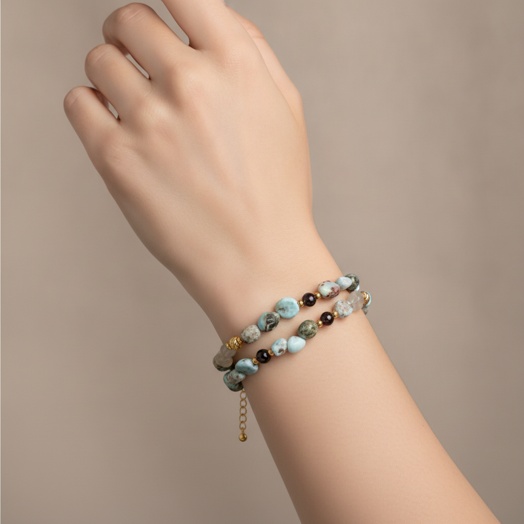 Larimar-Lal-Hematit-Ay Taşı Altın Kaplama Doğal Taş Bileklik