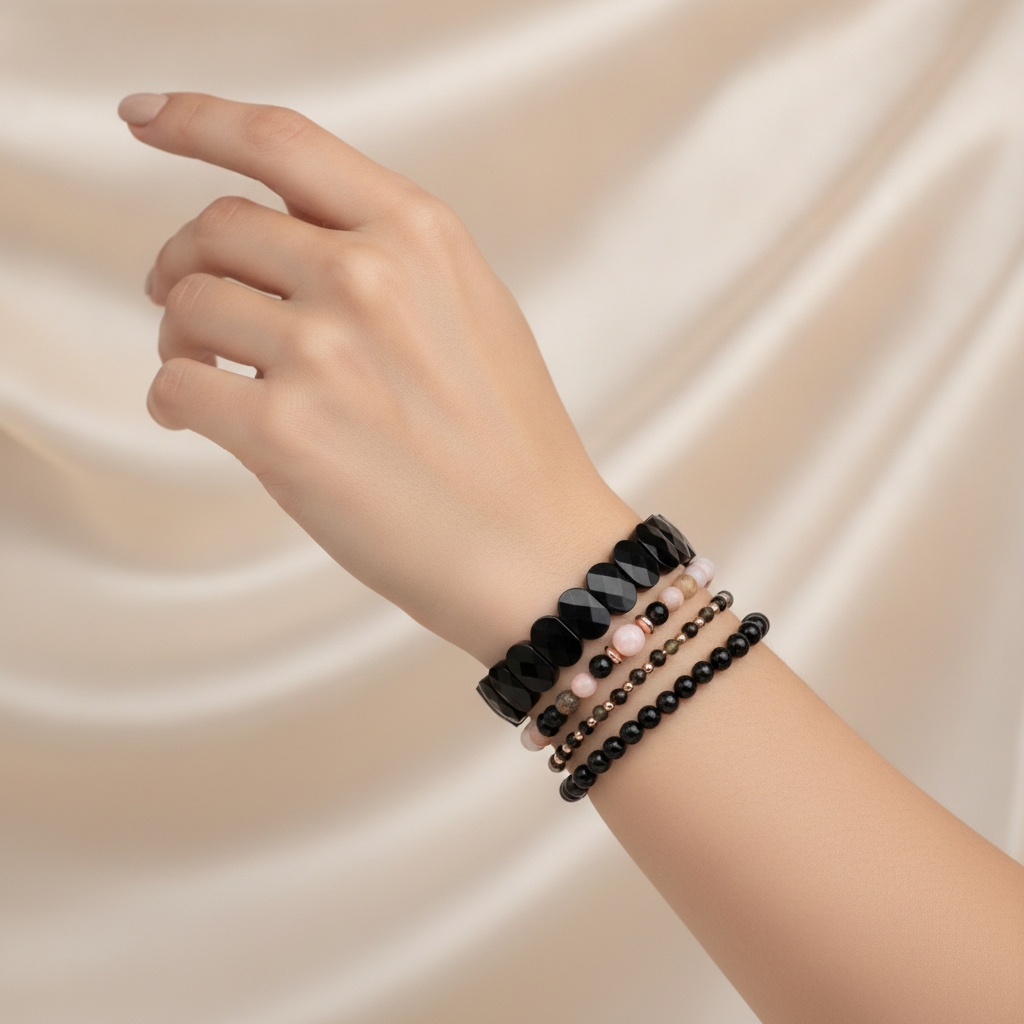 Obsidyen-Pembe Opal-Siyah Turmalin Doğal Taş Kadın Bileklik Seti