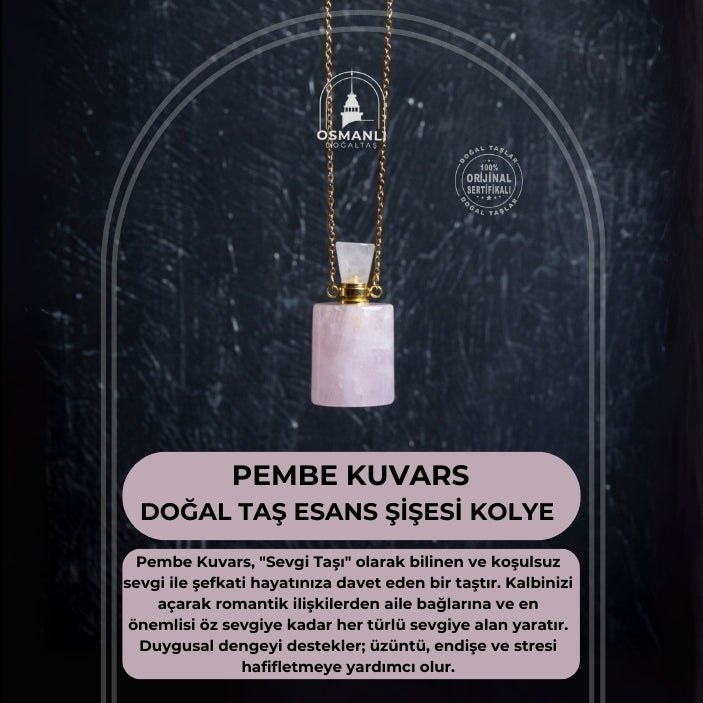 Sertifikalı Pembe Kuvars Doğal Taş Esans Şişesi Kolye