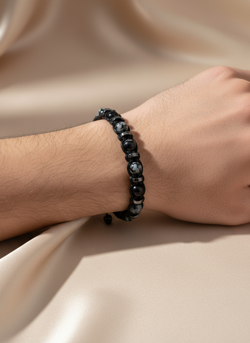 Erkek Bilekliği Orijinal Hakiki Sertifikalı Karlı Obsidyen - Hematit İpli Doğal Taş Bileklik 6mm