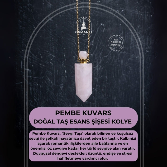 Sertifikalı Pembe Kuvars Doğal Taş Esans Şişesi Kolye