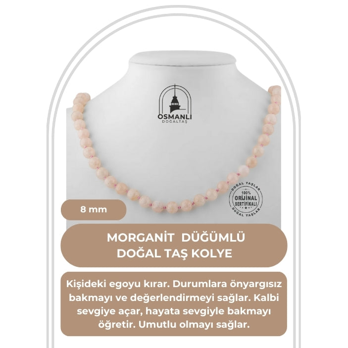 Morganit 8 mm Düğümlü Doğal Taş Kolye