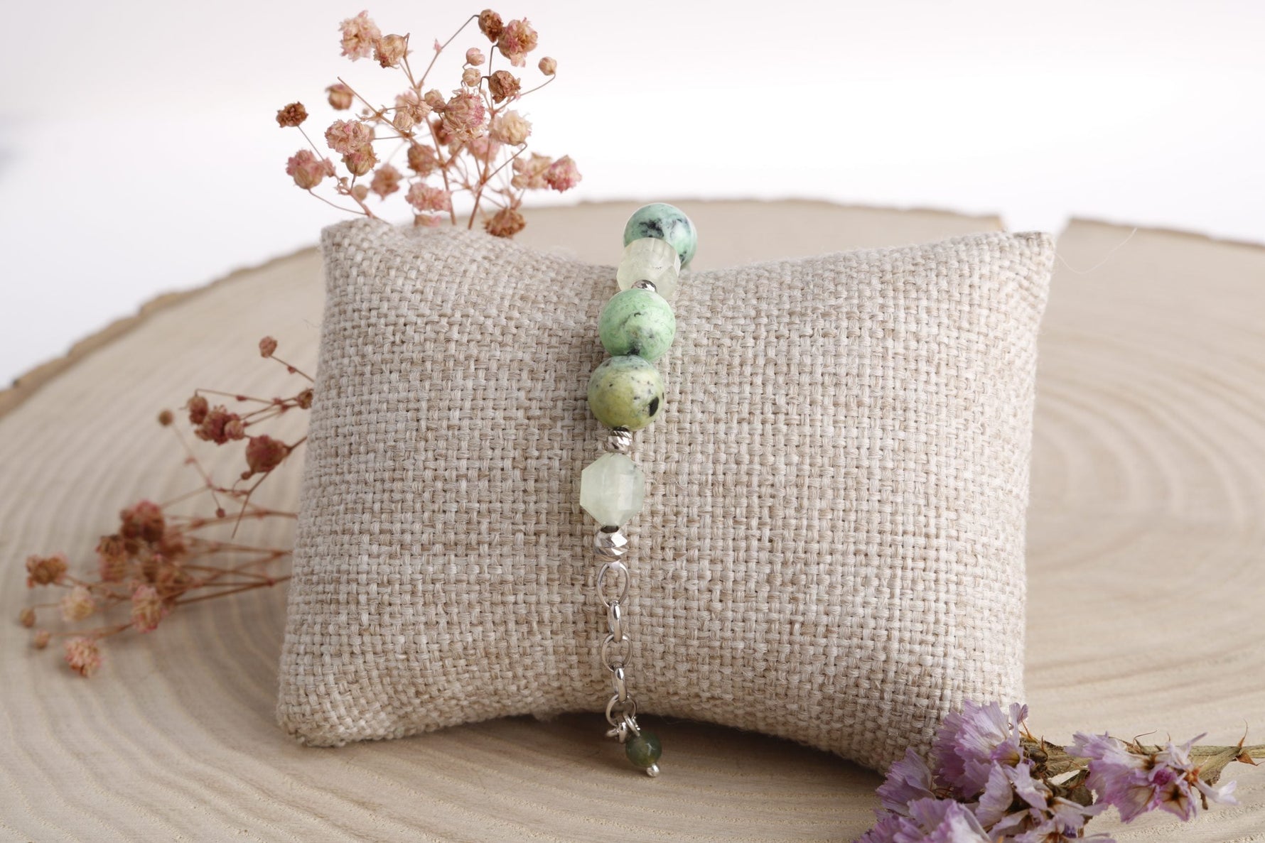 Amazonya, İspanyol Varisit-Prehneit-Akik Doğal Taş Gümüş Bileklik