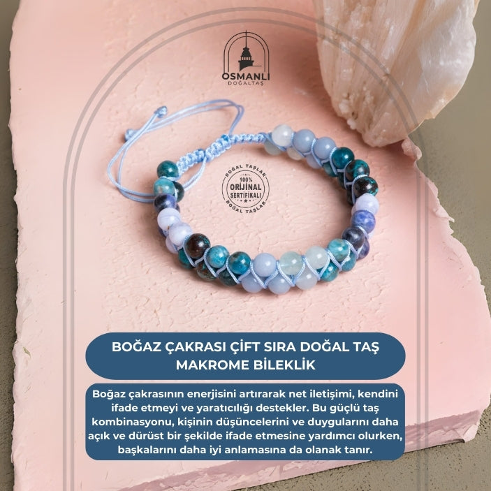 Sertifikalı Boğaz Çakrası Çift Sıra Doğal Taş Makrome Bileklik