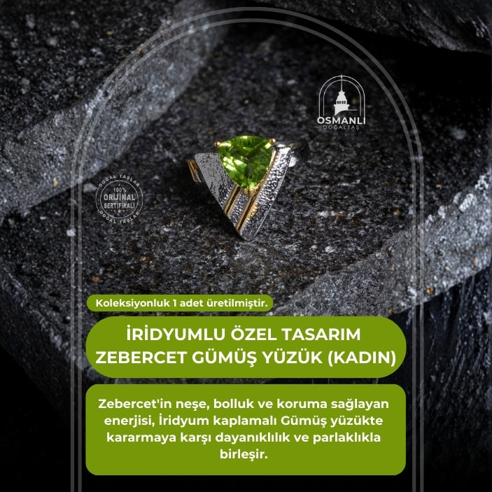 Sertifikalı Özel Tasarım İridyumlu Zebercet Gümüş Yüzük (Kadın)