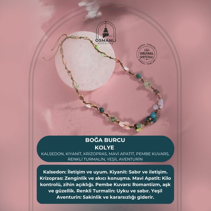 Boğa Burcu Kolye Kalsedon, Kiyanit, Krizopras, Mavi Apatit, Pembe Kuvars, Renkli Turmalin, Yeşil Aventurin