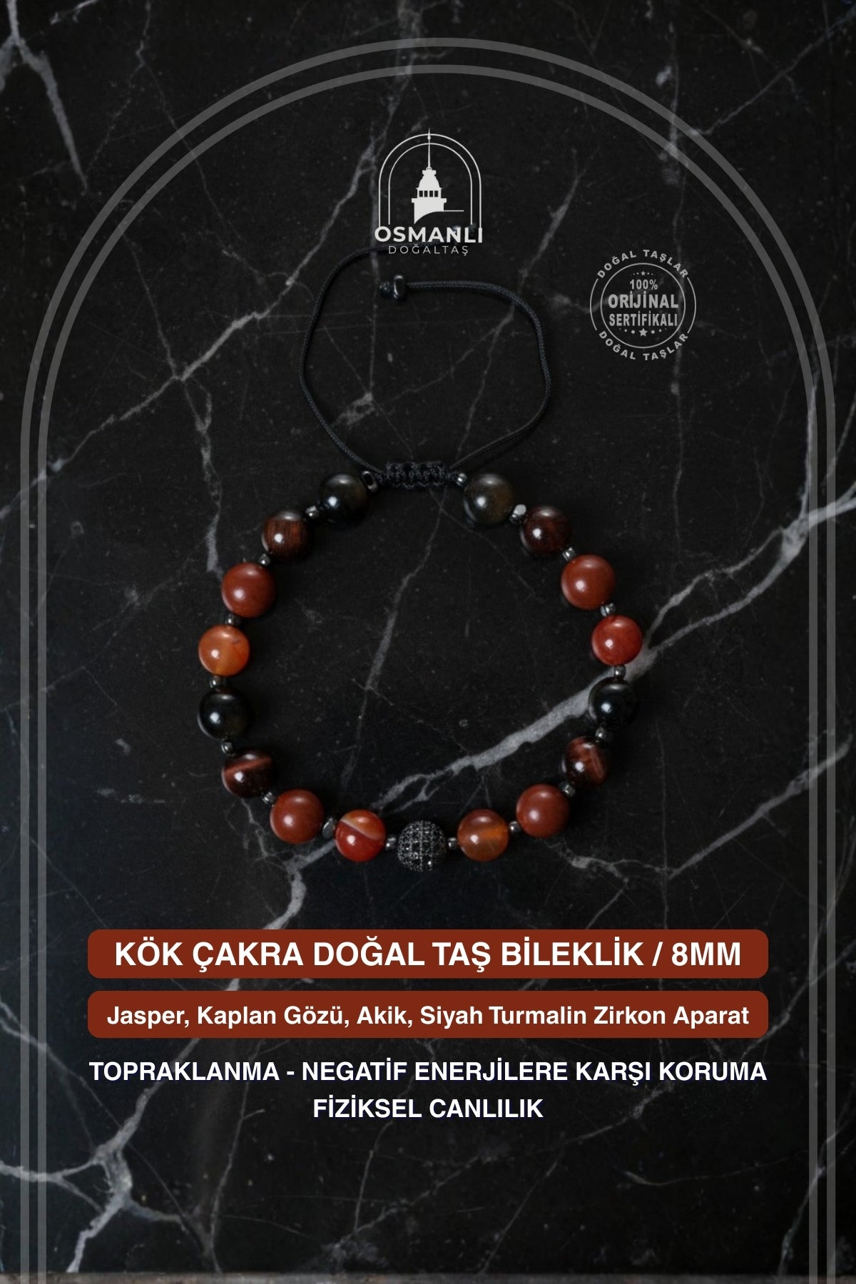 Sertifikalı Kök Çakra Doğal Taş Makrome Bileklik / 8MM